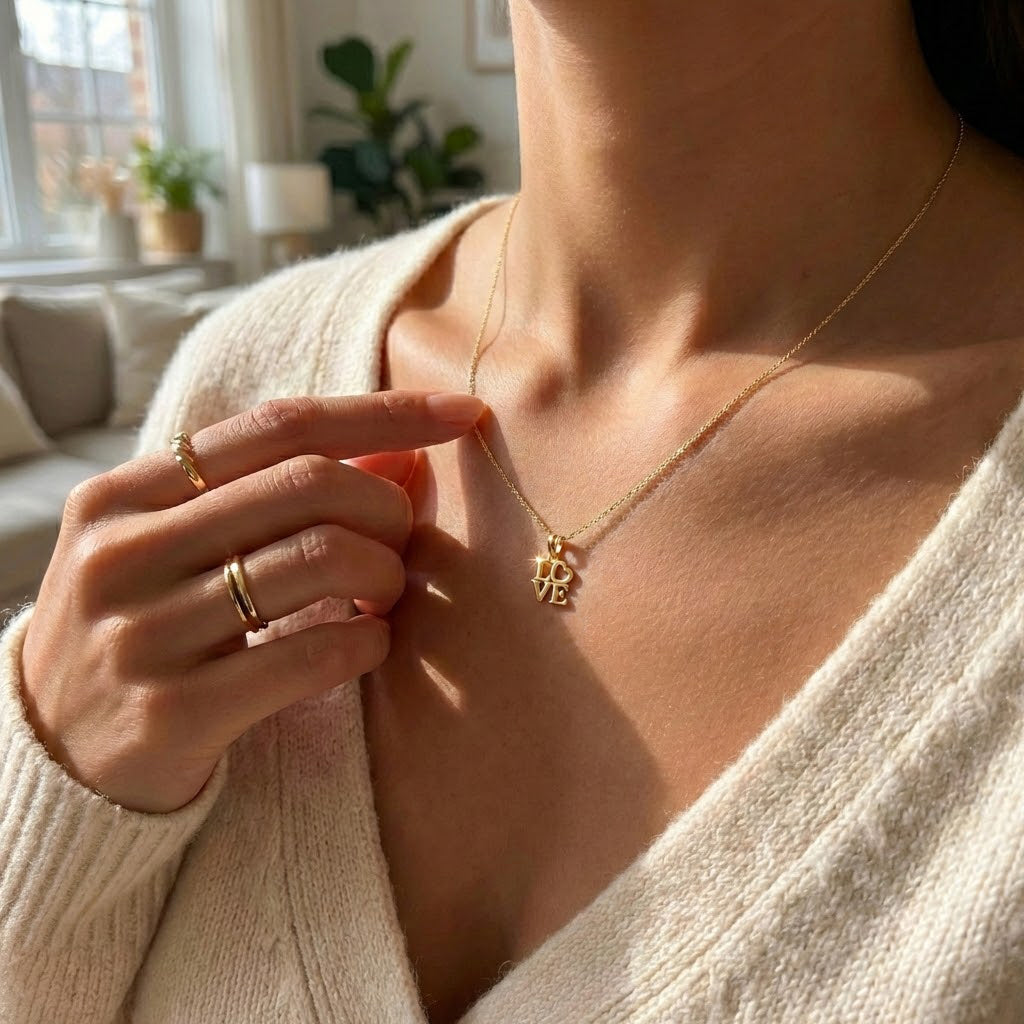Female model wearing gold love pendant with blured background , close up lifestyle image