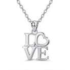 Silver 'LOVE' pendant necklace on a white background