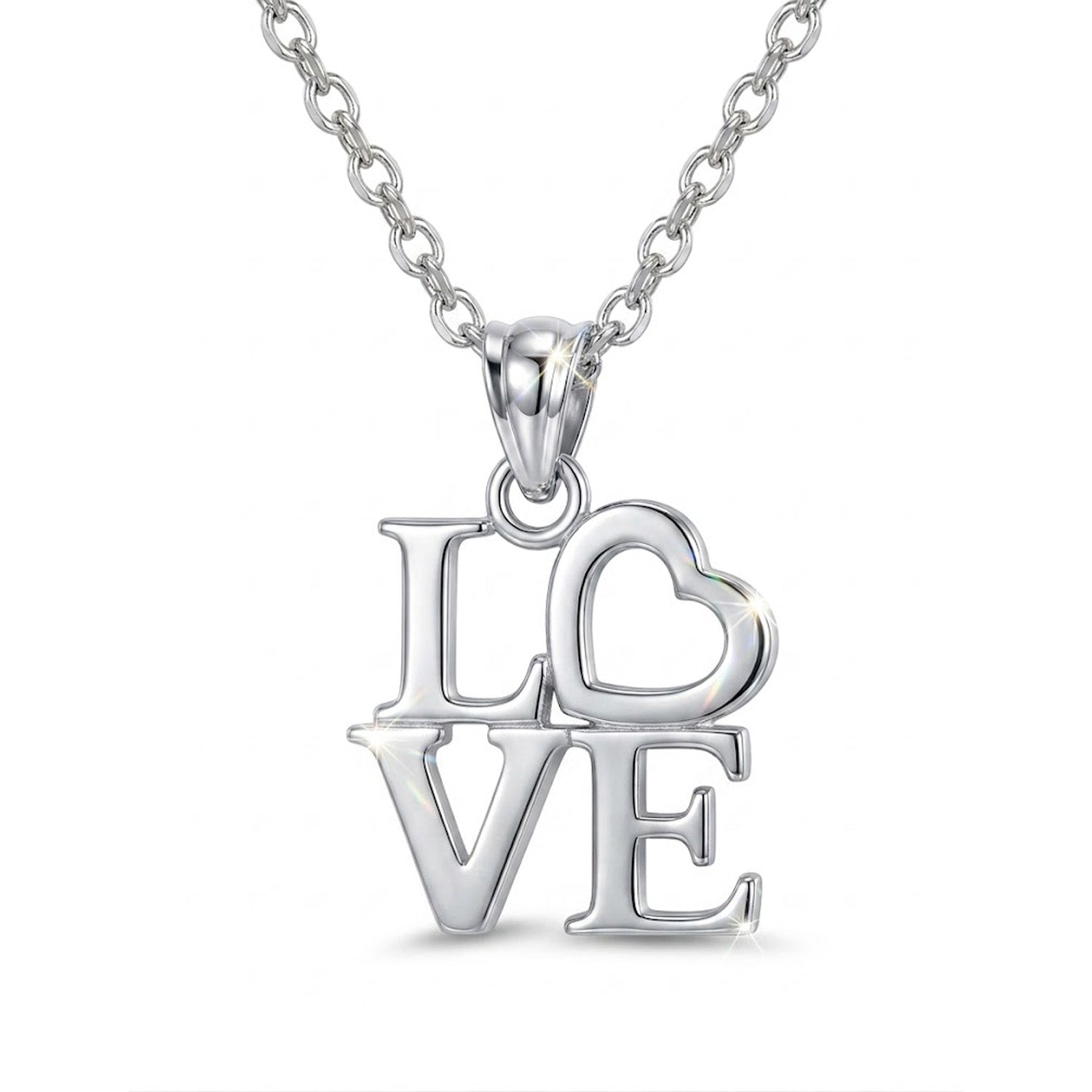 Silver 'LOVE' pendant necklace on a white background