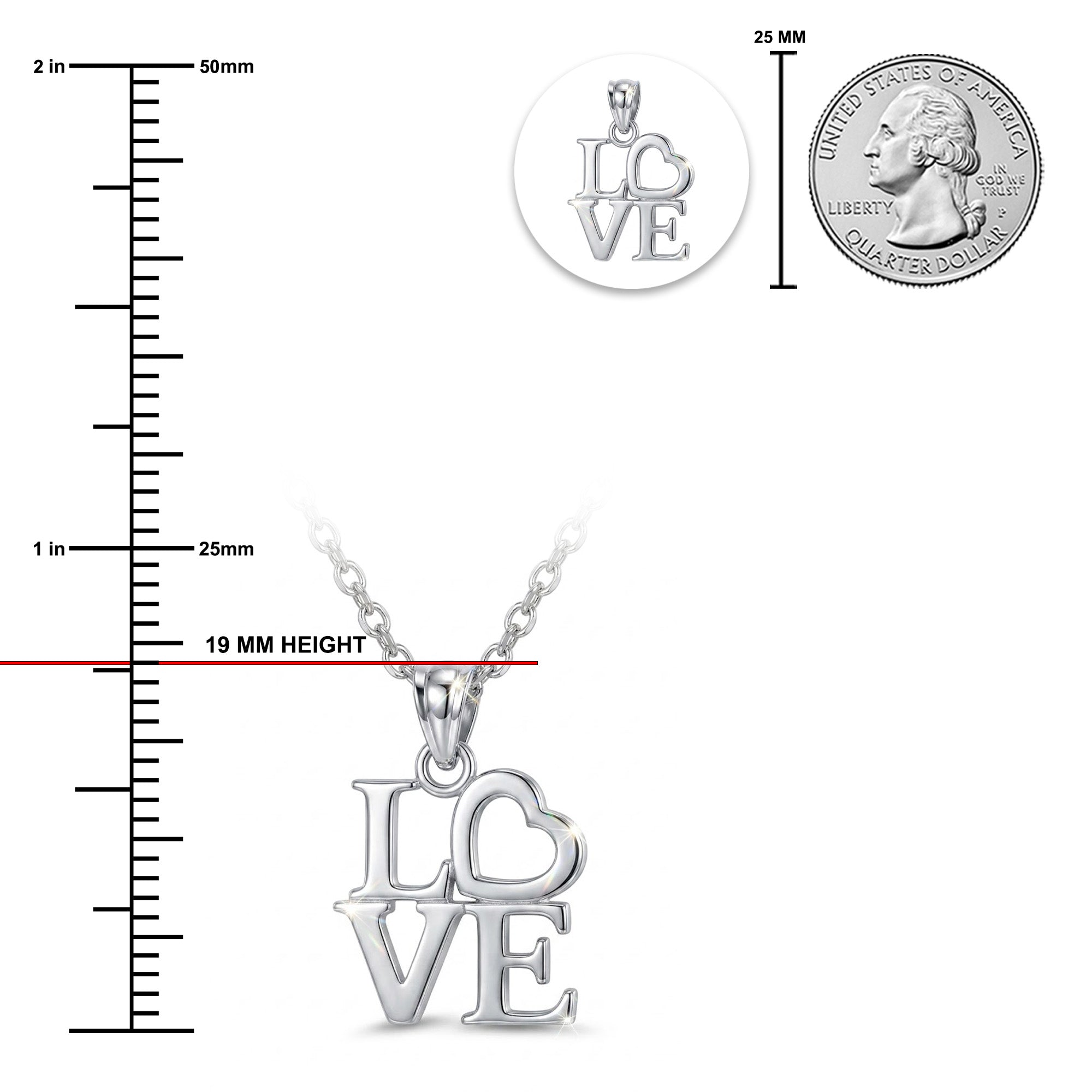 Silver 'LOVE' pendant with measurement scale and quarter for size reference on a white background