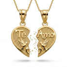 Gold heart-shaped pendants with 'Te Amo' on a white background