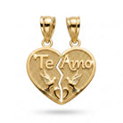 Gold heart-shaped pendant with 'Te Amo' and doves on a white background