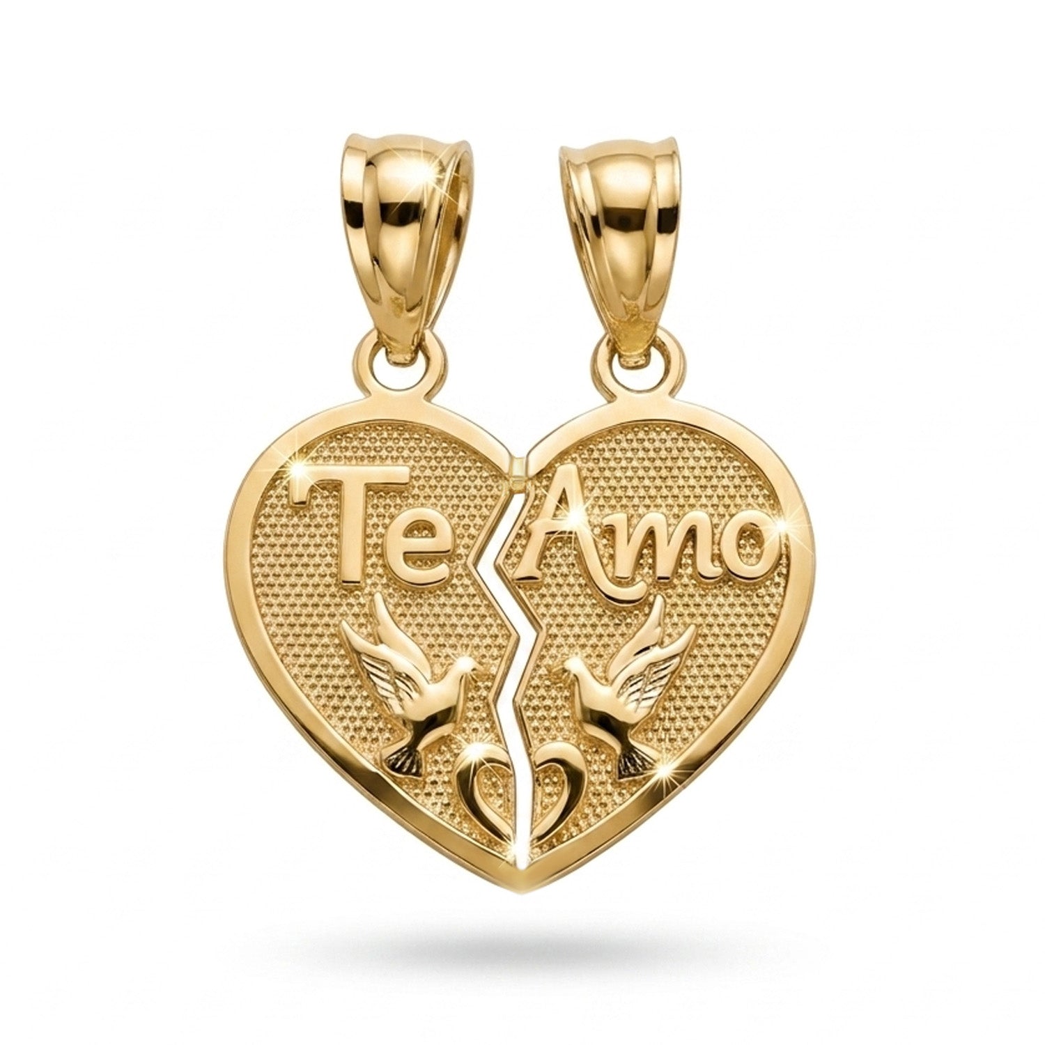 Gold heart-shaped pendant with 'Te Amo' and doves on a white background