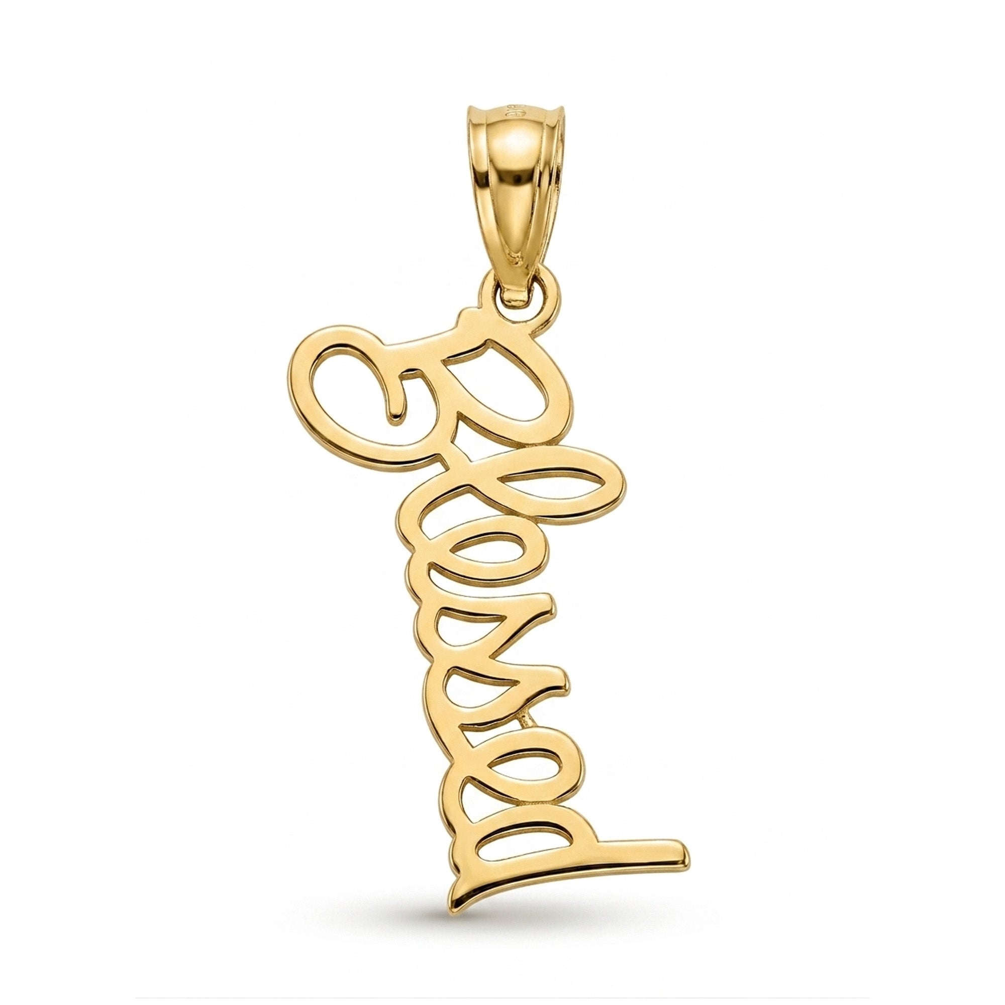 A polished yellow gold script pendant spelling 'Blessed' on a clean white background.
