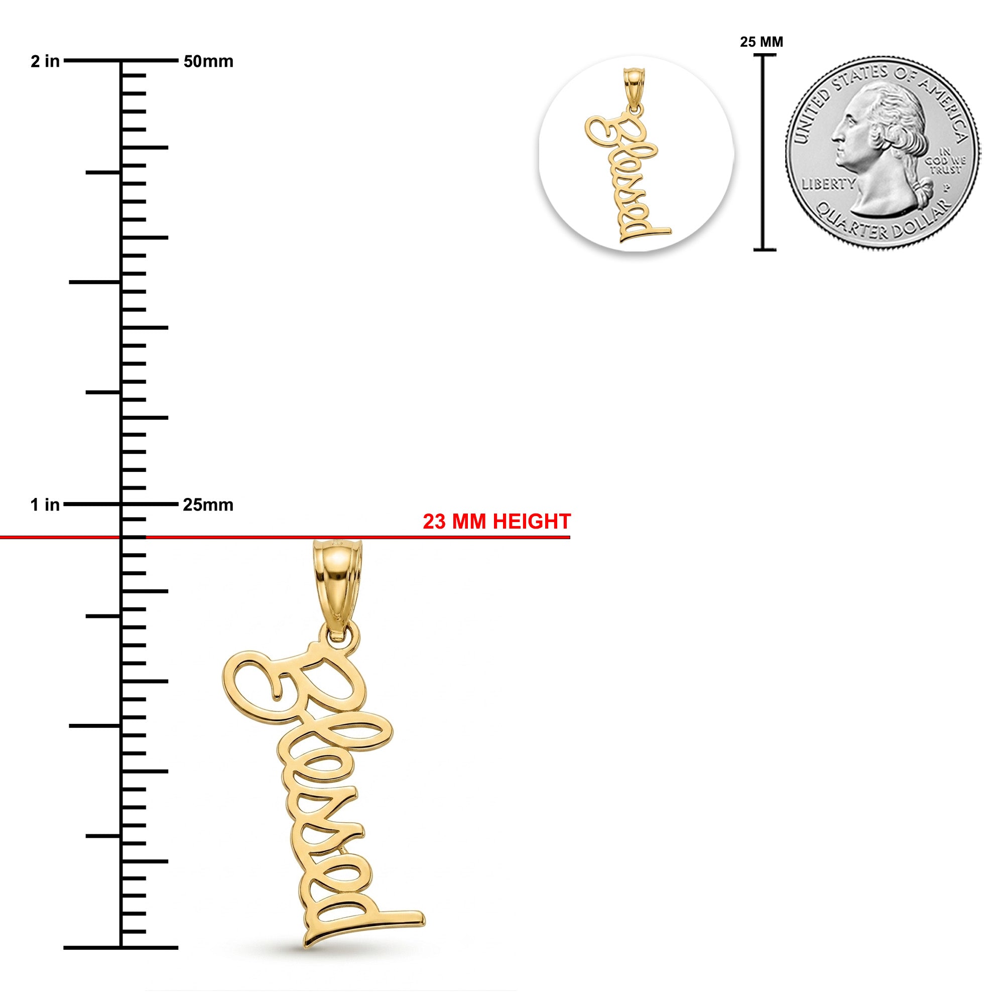 Gold script nameplate pendant shown on a white background with measurement rulers, a 25 mm height label, and a small inset showing the pendant alone for scale.