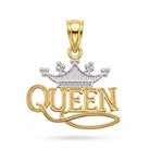 A two-tone gold and silver crown pendant featuring the word 'QUEEN' in gold script, set against a plain white background.