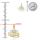 Gold and silver crown pendant with the word 'QUEEN' on a white background, shown with measurement rulers, a 19 mm height indicator, and a 25 mm coin size reference.