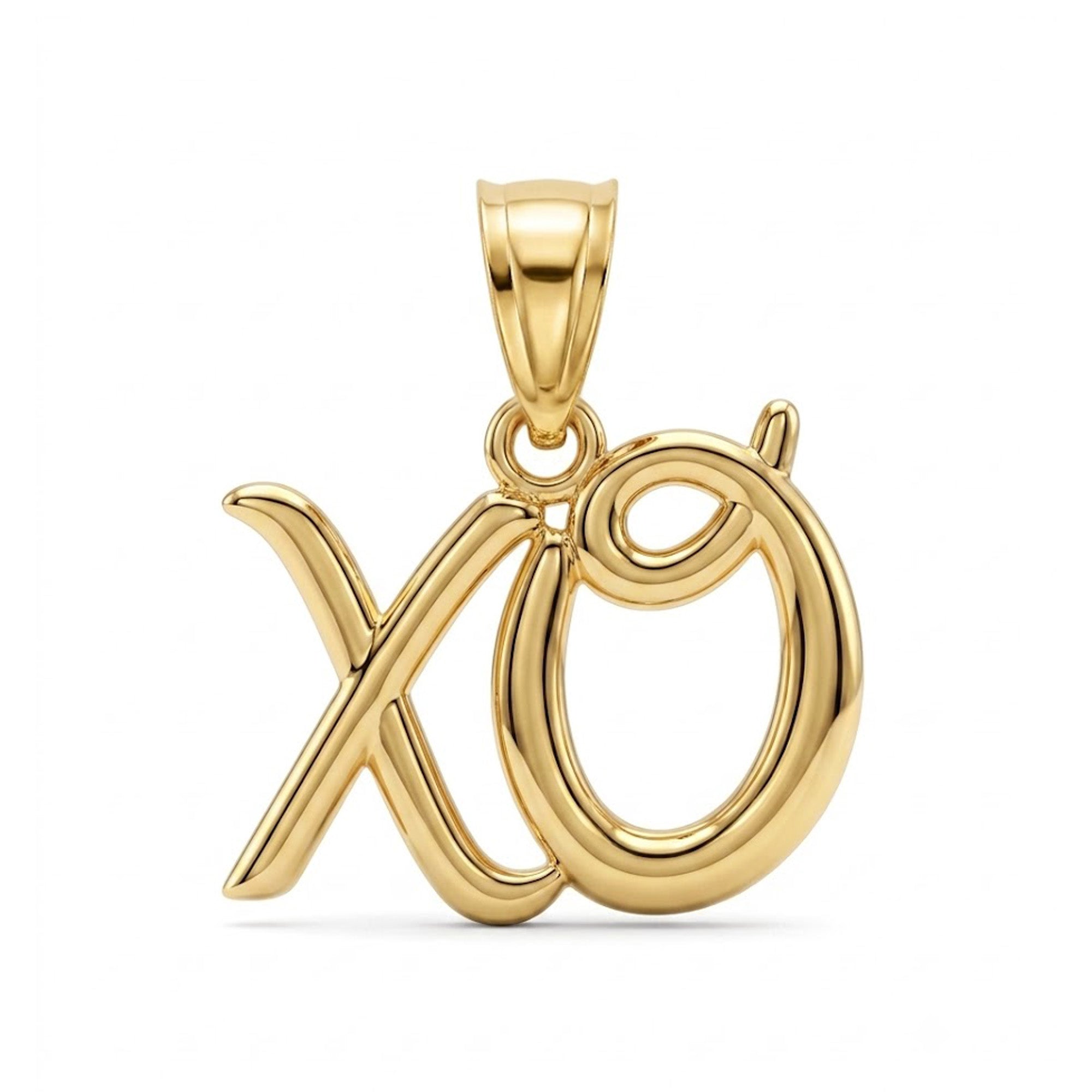 A polished yellow gold pendant shaped like the cursive 'xo' symbol, shown on a clean white background.