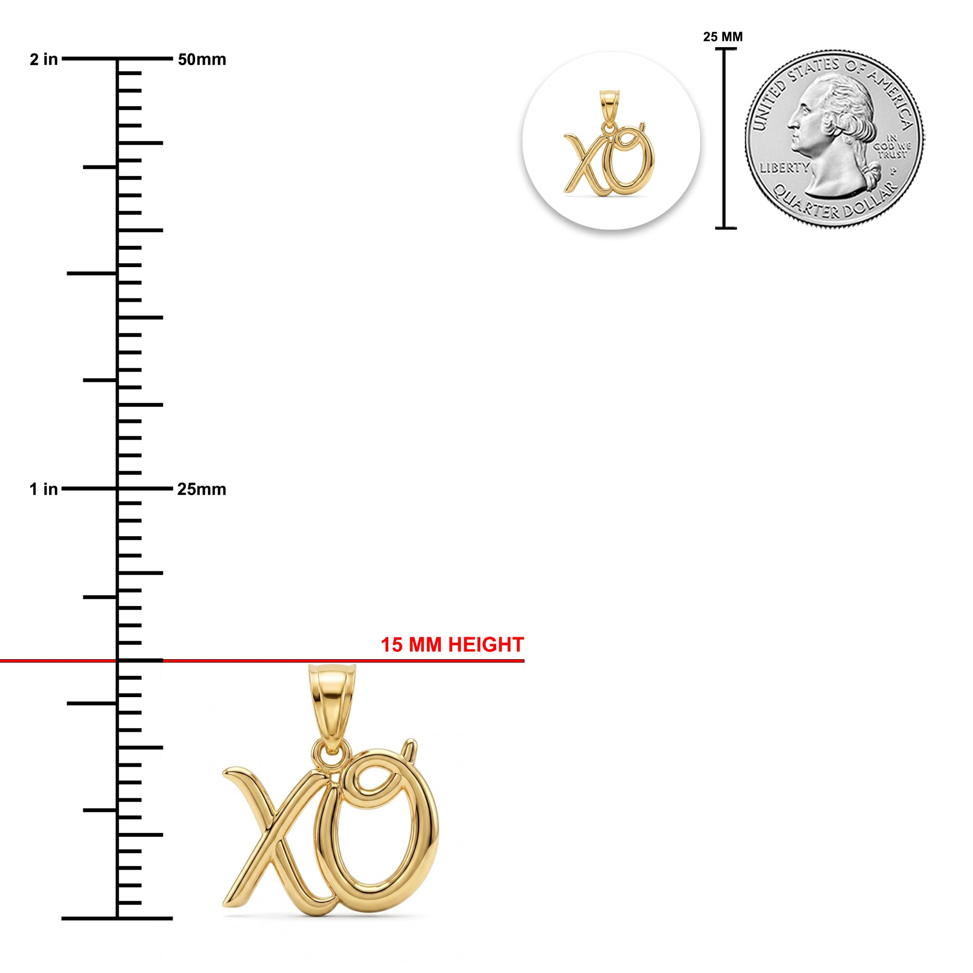 Gold 'Xo' pendant shown with a 15 mm height measurement line, a vertical inch ruler on the left, a small inset of the pendant in a white circle, and a U.S.