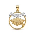 A two-tone yellow gold and silver graduation pendant featuring a graduation cap, a circular frame, and a banner engraved with the word 'GRADUATION', shown on a plain white background.