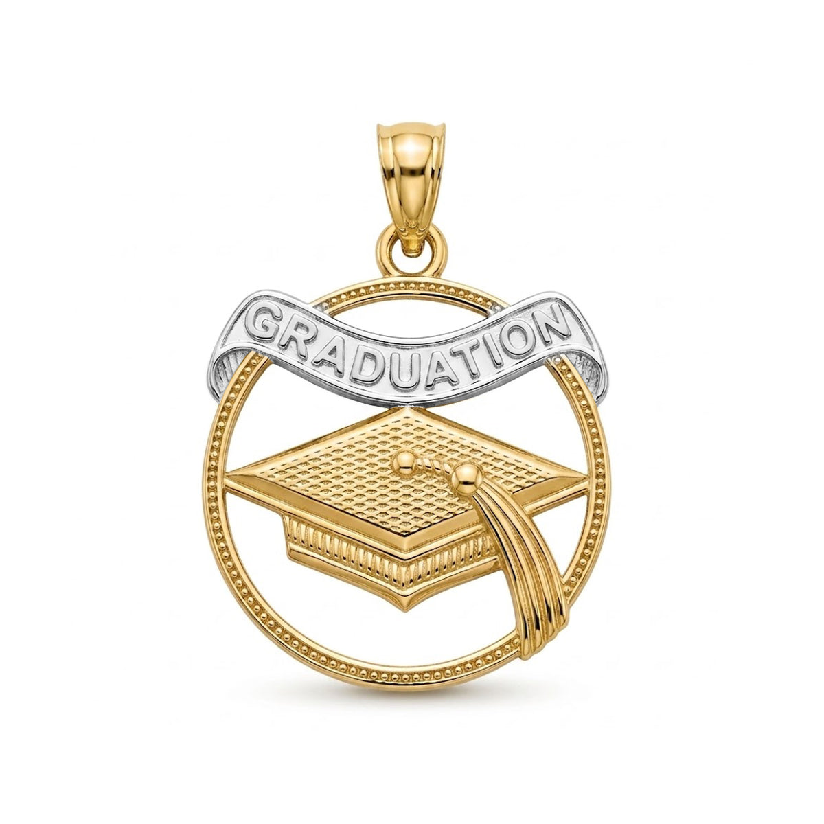 A two-tone yellow gold and silver graduation pendant featuring a graduation cap, a circular frame, and a banner engraved with the word 'GRADUATION', shown on a plain white background.