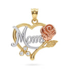 A two-tone and rose gold pendant featuring the word 'Mom' in silver-tone script inside a gold-tone heart outline, with a rose and three small clear gemstones, shown on a white background.