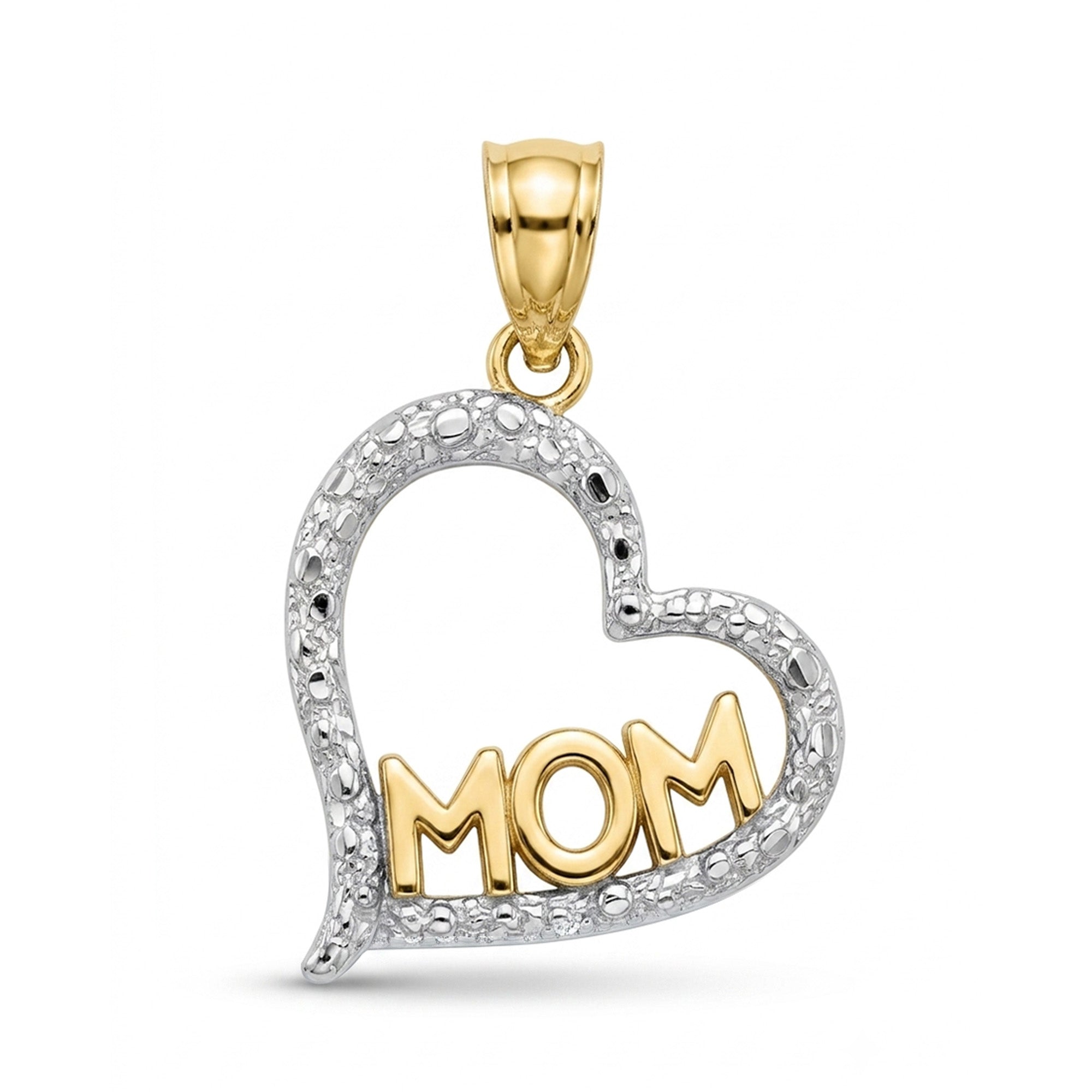 A heart-shaped pendant charm featuring the word 'MOM' in gold lettering, set against a textured silver heart outline paved with small clear stones, with a polished gold bail at the top.
