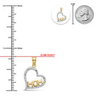 Heart-shaped pendant with 'MOM' lettering, shown with measurement rulers, a 25 mm coin size reference, and a close-up inset on a white background.